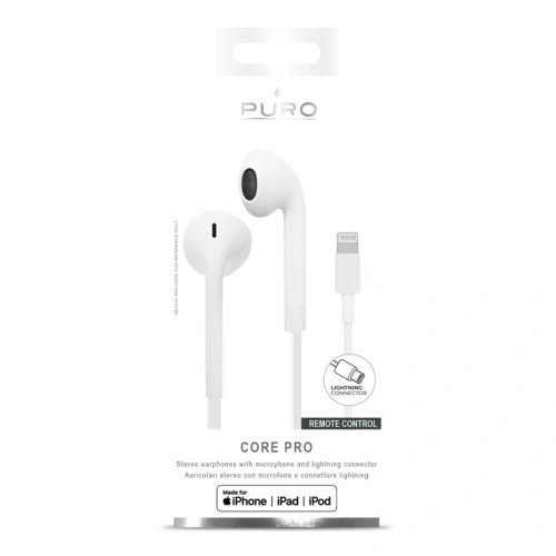 Kup PURO Core Pro Stereo-Ohrhörer mit Lightning MFi-Anschluss, Flachkabel, Mikrofon und Fernbedienung (Weiß) - PUR370WHT - {ean13} - Sklep Home Screen