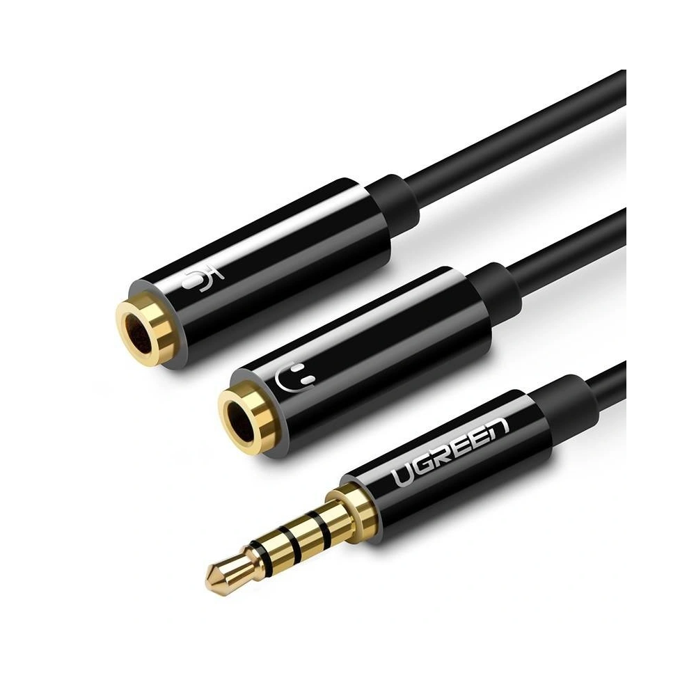 Rozdzielacz audio AUX UGREEN kabel mini jack 3,5 mm (męski) do słuchawki + mikrofon (żeńskie), 20cm - Czarny