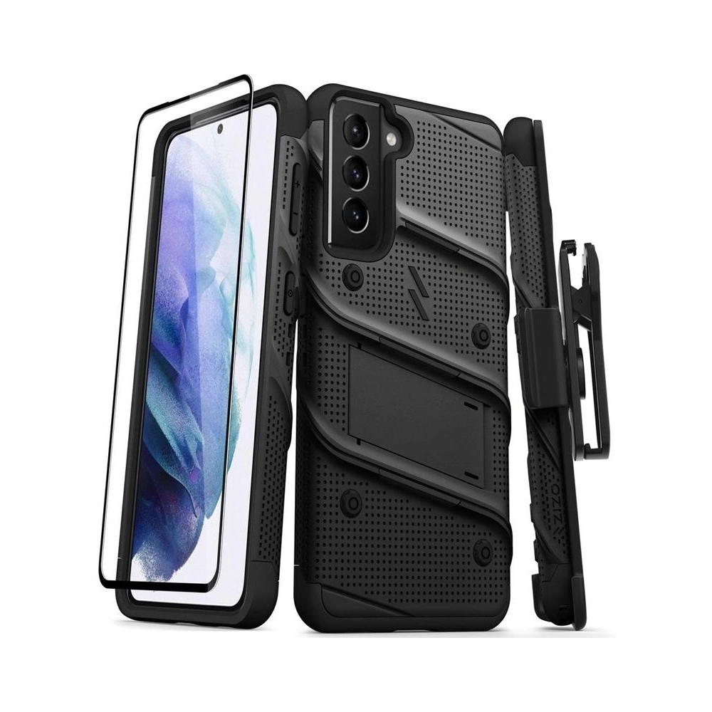 Pancerne etui Zizo Bolt Cover Samsung Galaxy S21 ze szkłem 9H na ekran + podstawka & uchwyt do paska (czarny)