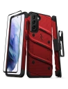 Páncélozott tok Zizo Bolt Cover Samsung Galaxy S21 9H üveggel a kijelzőn + állvány & övcsipesz (piros/fekete)
