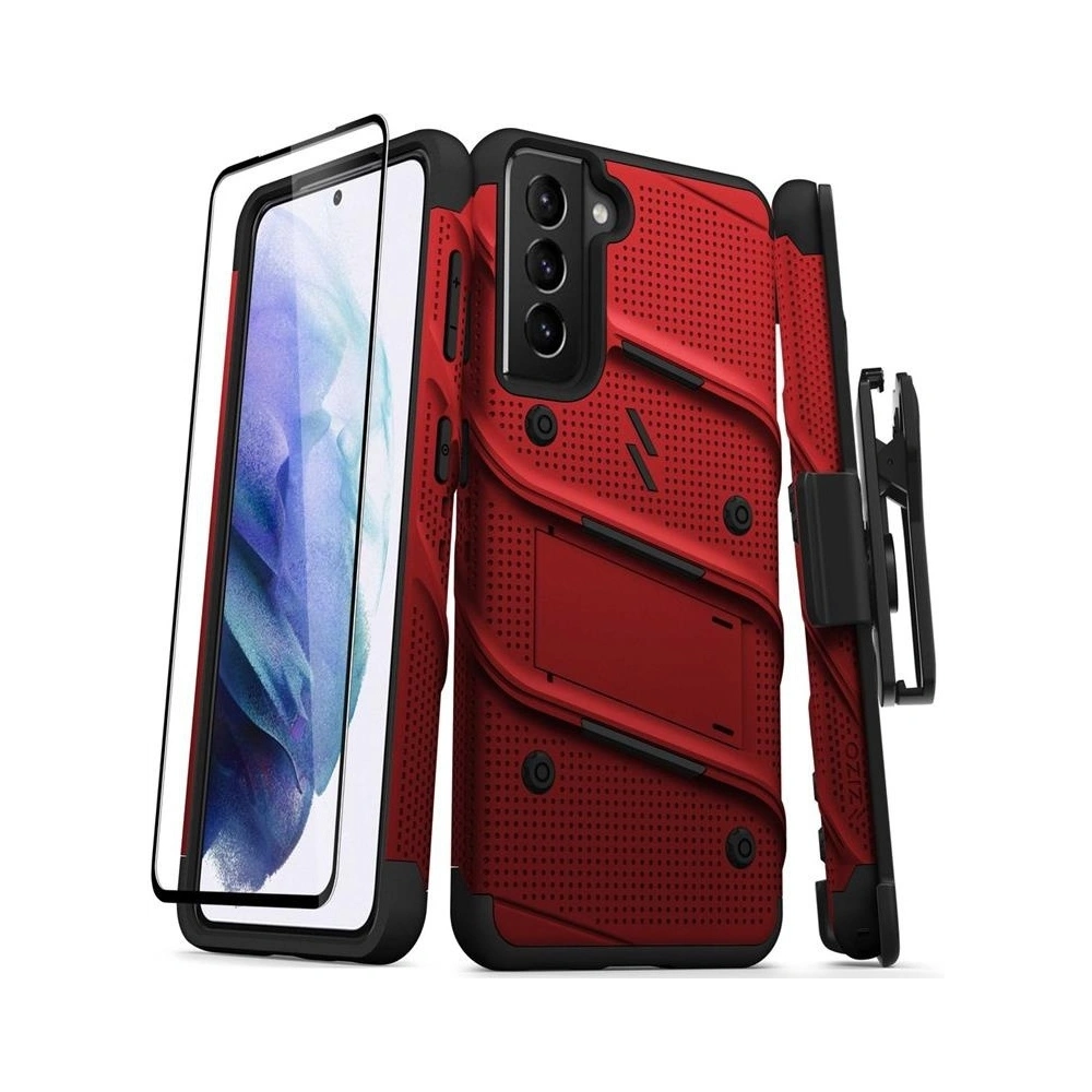 Pancerne etui Zizo Bolt Cover  Samsung Galaxy S21 ze szkłem 9H na ekran + podstawka & uchwyt do paska (czerwony/czarny)