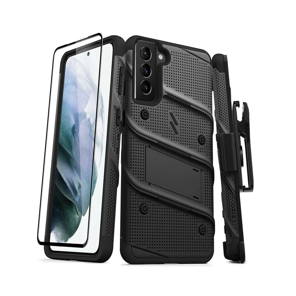 Pancerne etui Zizo Bolt Cover Samsung Galaxy S21+ Plus ze szkłem 9H na ekran + podstawka & uchwyt do paska (czarny)
