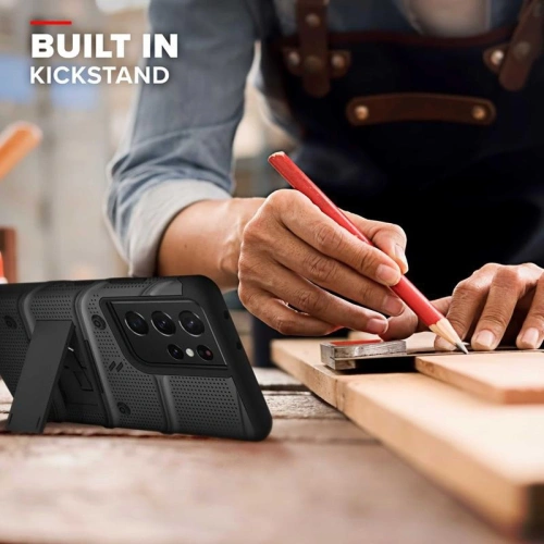 Kup Pantalon etui Zizo Bolt Cover Samsung Galaxy S21 Ultra cu sticlă 9H pentru ecran + suport și prindere pentru curea (negru) - ZIZ068BLK - {ean13} - Sklep Home Screen
