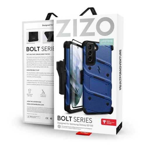 Kup Pancerne etui Zizo Bolt Cover Samsung Galaxy S21 ze szkłem 9H na ekran + podstawka & uchwyt do paska (niebieski/czarny) - ZIZ070BLUBLK - {ean13} - Sklep Home Screen