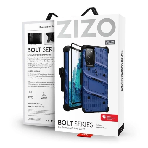 Kup Pancerne etui Zizo Bolt Cover Samsung Galaxy S20 FE ze szkłem 9H na ekran + podstawka & uchwyt do paska (niebieski/czarny) - ZIZ072BLUBLK - {ean13} - Sklep Home Screen