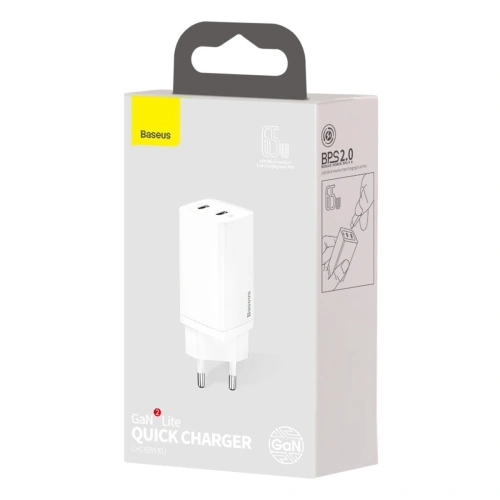 Kup Ładowarka sieciowa Baseus GaN Lite, 2x USB-C, 65W, EU (biała) - BSU2059WHT - {ean13} - Sklep Home Screen