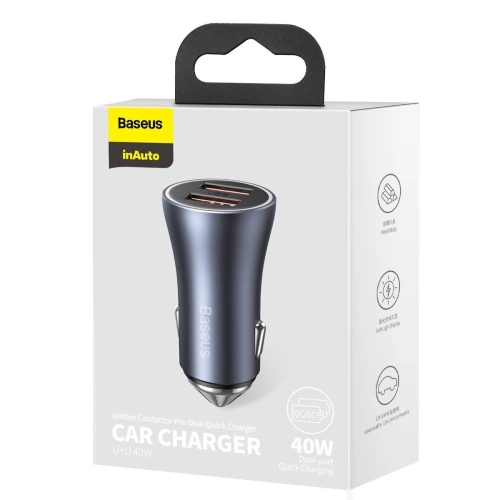 Buy Baseus Golden Contactor Pro car charger, 2x USB, QC SCP, 40W (gray) - BSU2061GRY - {ean13} - Home Screen Store Europe