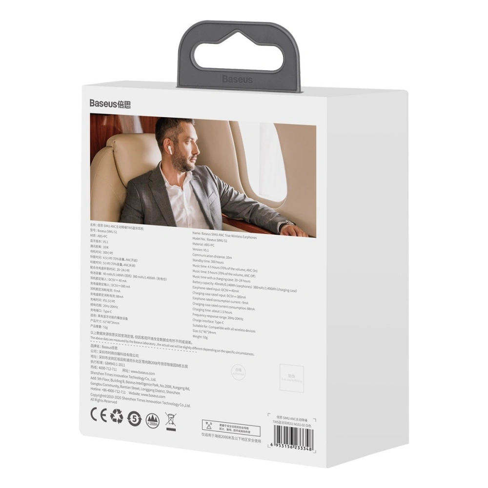 Słuchawki TWS Baseus S1 z funkcją ANC, Bluetooth 5.1 (białe)