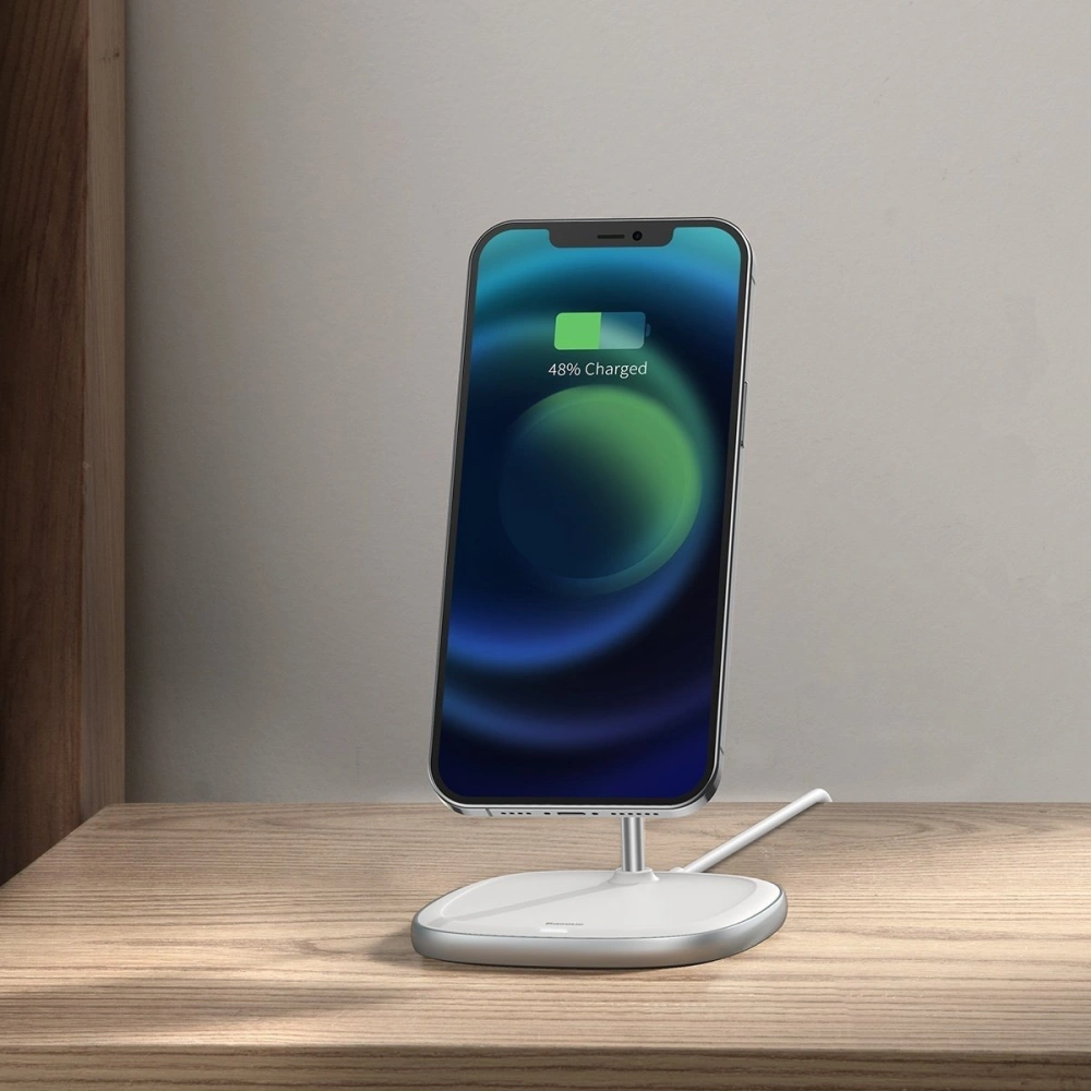 Stojak magnetyczny Baseus Swan MagSafe z ładowarką indukcyjną do Apple iPhone 12 (biały)