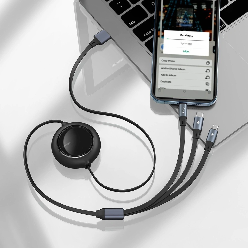 Kabel USB 3w1 Baseus Bright Mirror, micro USB / Lightning / USB-C, płaski, 3.5A, 1,2m (czarny)