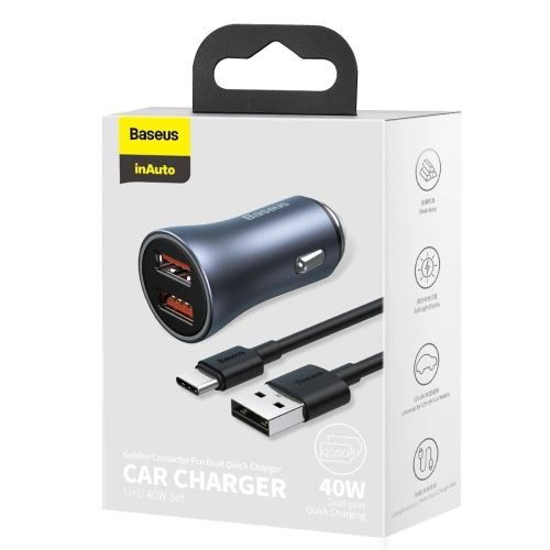Kup Autonabíječka Baseus Golden Contactor Pro, 2x USB, QC, SCP, 40W (šedá) + USB-C kabel 1m (černý) - BSU2079BLK - {ean13} - Sklep Home Screen