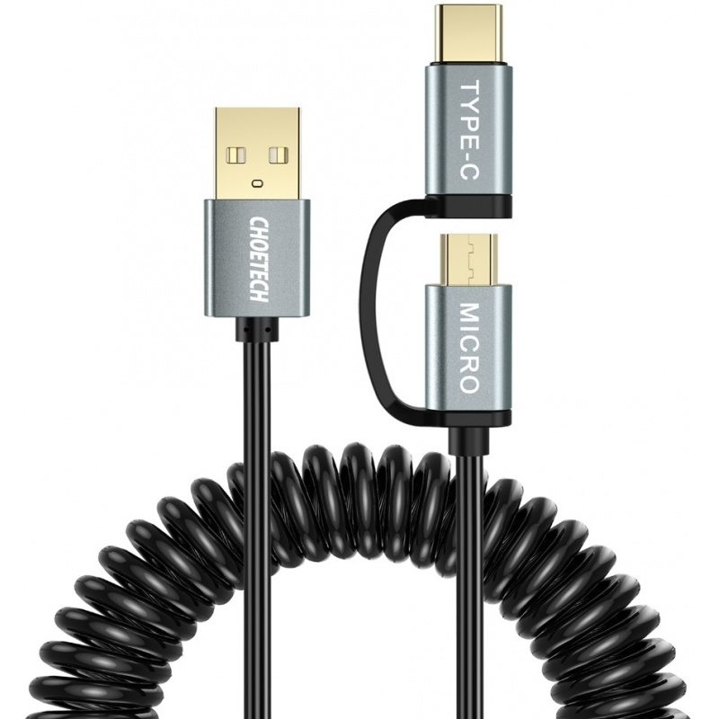 Kabel sprężynowy Choetech microUSB + USB-C 1.2m