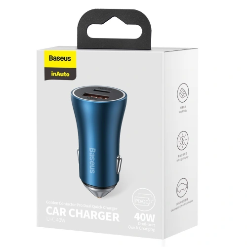 Kup Încărcător auto Baseus Golden Contactor Pro, USB + USB-C, QC4.0+, PD, SCP, 40W (albastru) - BSU2094BLU - {ean13} - Sklep Home Screen