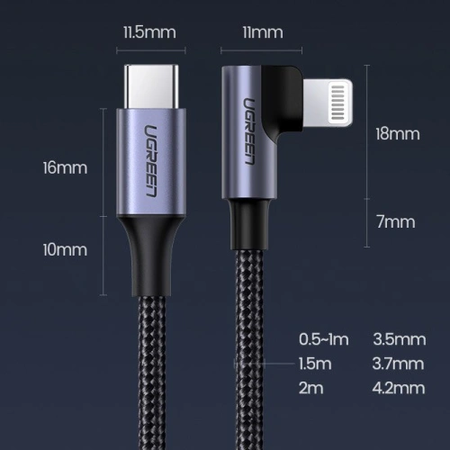 Kup UGREEN MFI úhlový kabel s bočním konektorem USB Typ C - Lightning Power Delivery 3 A 1,5 m šedý (60764 US305) - UGR703GRY - {ean13} - Sklep Home Screen