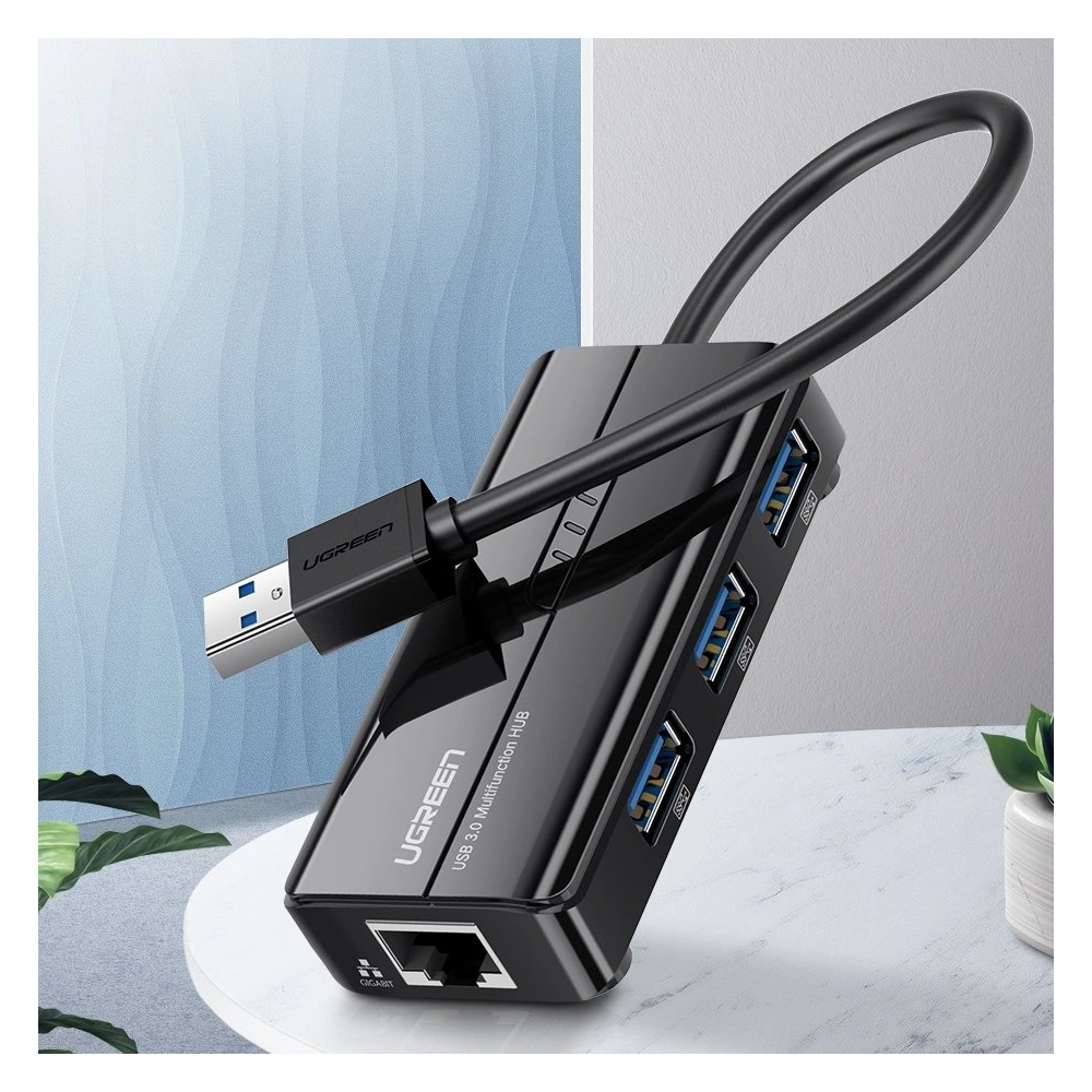Ugreen rozdzielacz HUB 3x USB 3.0 zewnętrzna karta sieciowa RJ45 Giga Ethernet czarny (20265)