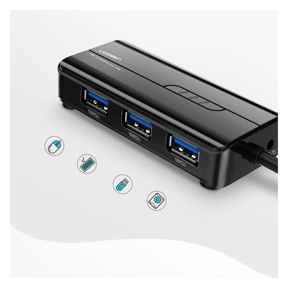 Ugreen rozdzielacz HUB 3x USB 3.0 zewnętrzna karta sieciowa RJ45 Giga Ethernet czarny (20265)
