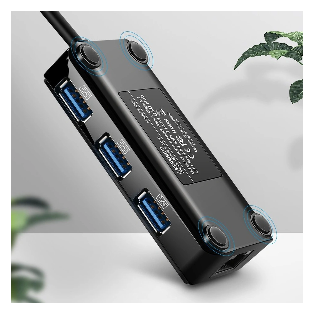 Ugreen rozdzielacz HUB 3x USB 3.0 zewnętrzna karta sieciowa RJ45 Giga Ethernet czarny (20265)