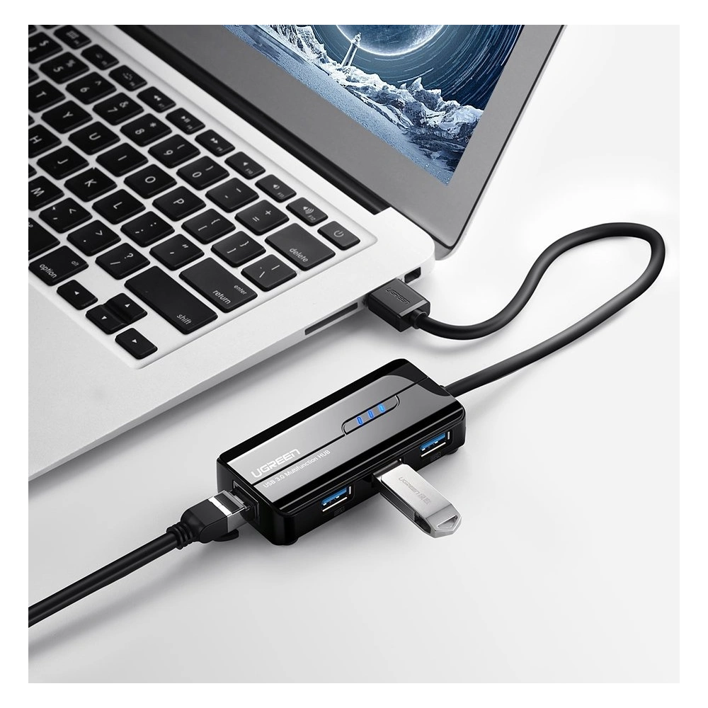 Ugreen rozdzielacz HUB 3x USB 3.0 zewnętrzna karta sieciowa RJ45 Giga Ethernet czarny (20265)