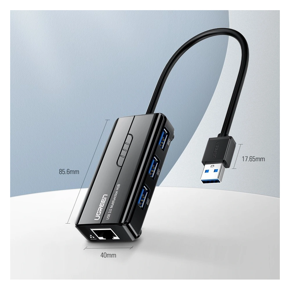 Ugreen rozdzielacz HUB 3x USB 3.0 zewnętrzna karta sieciowa RJ45 Giga Ethernet czarny (20265)