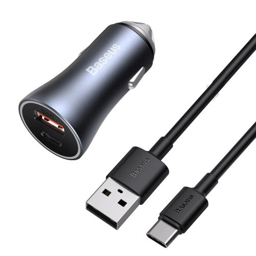 Kup Încărcător auto Baseus Golden Contactor Pro, USB + USB-C, QC4.0+, PD, SCP, 40W (gri) + cablu USB la USB-C 1m (negru) - BSU2166BLK - {ean13} - Sklep Home Screen