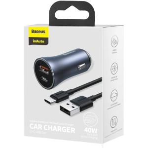 Kup Ładowarka samochodowa Baseus Golden Contactor Pro, USB + USB-C, QC4.0+, PD, SCP, 40W (szara) + kabel USB do USB-C 1m (czarny) - BSU2166BLK - {ean13} - Sklep Home Screen