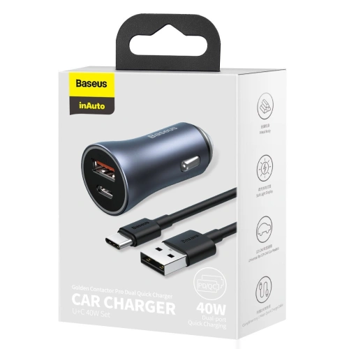 Kup Încărcător auto Baseus Golden Contactor Pro, USB + USB-C, QC4.0+, PD, SCP, 40W (gri) + cablu USB la USB-C 1m (negru) - BSU2166BLK - {ean13} - Sklep Home Screen