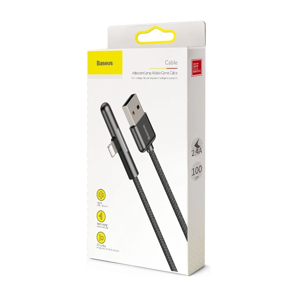 Baseus kątowy nylonowy kabel przewód USB Lightning dla graczy 2.4A 1m czarny (CAL7C-A01)