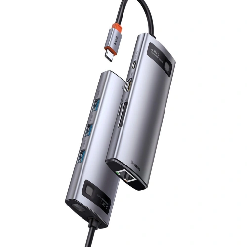 Kup Hub 8w1 Baseus Metal Gleam Series, USB-C do 3x USB 3.0 + HDMI + USB-C PD + Ethernet RJ45 + microSD/SD - BSU2373 - {ean13} - Sklep Home Screen
