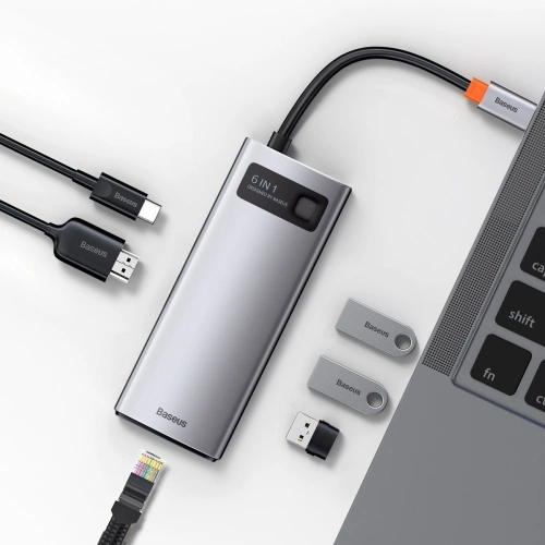 Kup Hub 6w1 Baseus Metal Gleam Series, USB-C do 3x USB 3.0 + HDMI + USB-C PD + Ethernet RJ45 - BSU2372 - {ean13} - Sklep Home Screen