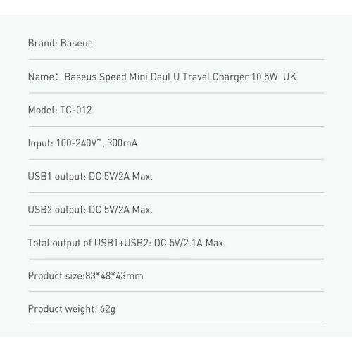 Kup Baseus încărcător de rețea 2x USB 2.1A 10,5W (priză UK) alb (CCFS-S02) - BSU2401WHT - {ean13} - Sklep Home Screen