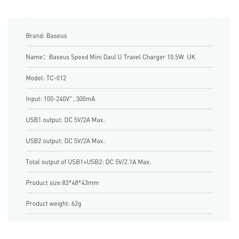 Baseus ładowarka sieciowa 2x USB 2.1A 10,5W (wtyczka UK) biały (CCFS-S02)