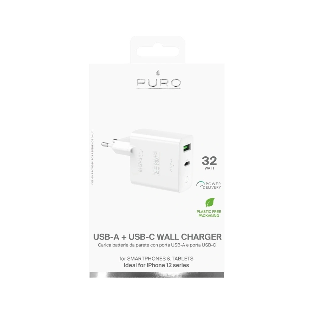 Ładowarka sieciowa PURO Mini Fast Travel Charger USB-A + USB-C Power Delivery 32W (biały)