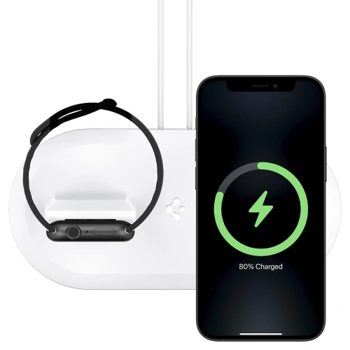 Kup Ładowarka bezprzewodowa Spigen MagFit Duo Apple MagSafe & Apple Watch Charger Stand White - SPN1586WHT - {ean13} - Sklep Home Screen