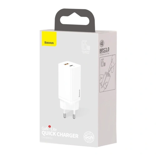 Kup Ładowarka sieciowa Baseus GaN2 Lite, USB + USB-C, 65W, EU (biała) - BSU2656WHT - {ean13} - Sklep Home Screen