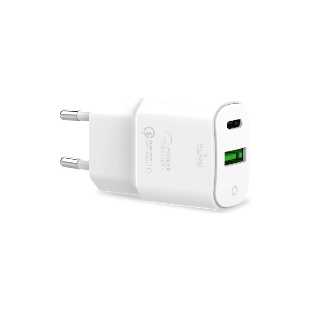 PURO White Mini Fast Travel Charger USB-A + USB-C Power Delivery 20W (white)