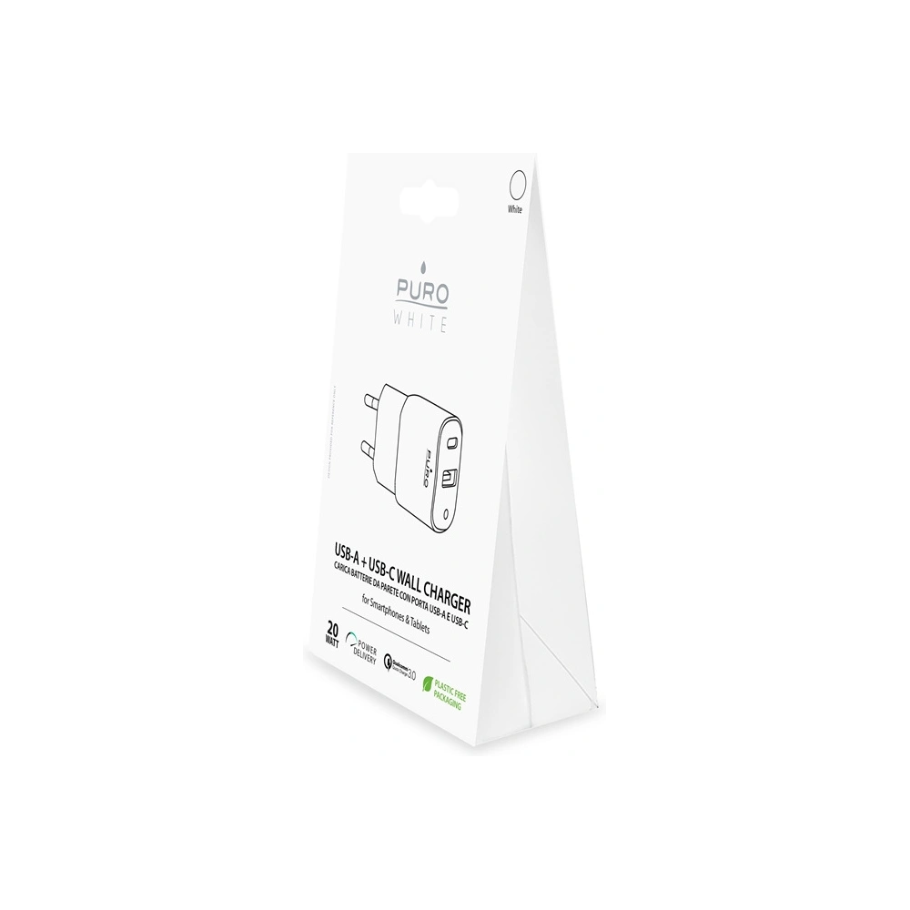 PURO White Mini Fast Travel Charger USB-A + USB-C Power Delivery 20W (white)