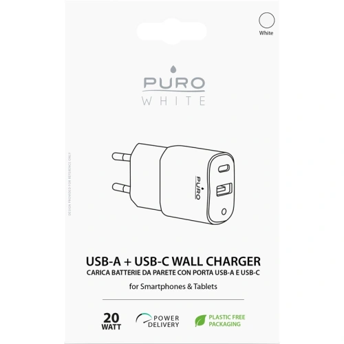 Kup PURO Bílý Mini Rychlonabíječ USB-A + USB-C Power Delivery 20W (bílý) - PUR414WHT - {ean13} - Sklep Home Screen