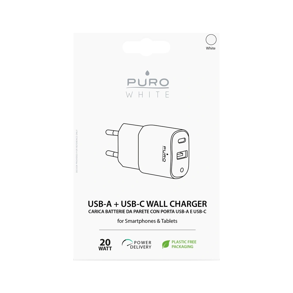 PURO White Mini Fast Travel Charger USB-A + USB-C Power Delivery 20W (white)