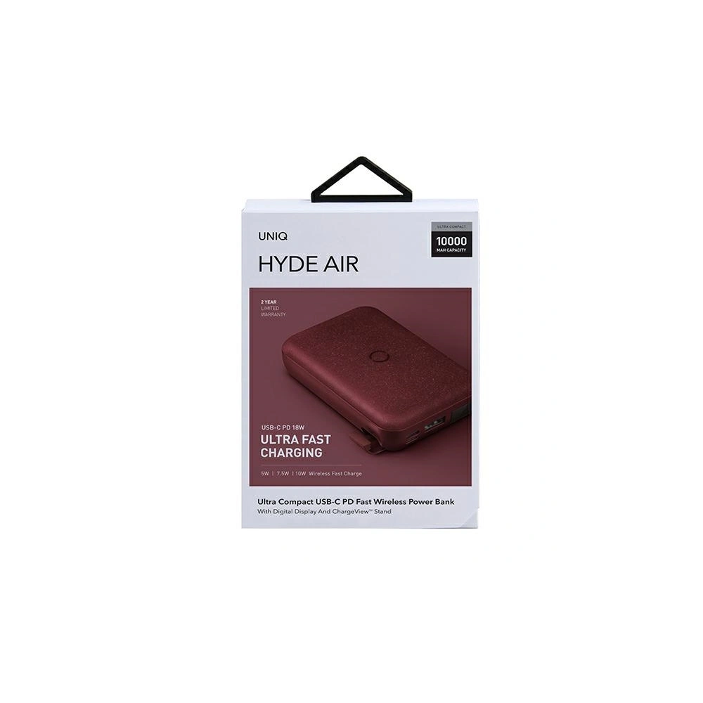 UNIQ Powerbank indukcyjny Hyde Air 10000mAh USB-C 18W PD Fast Wireless bordowy/maroon