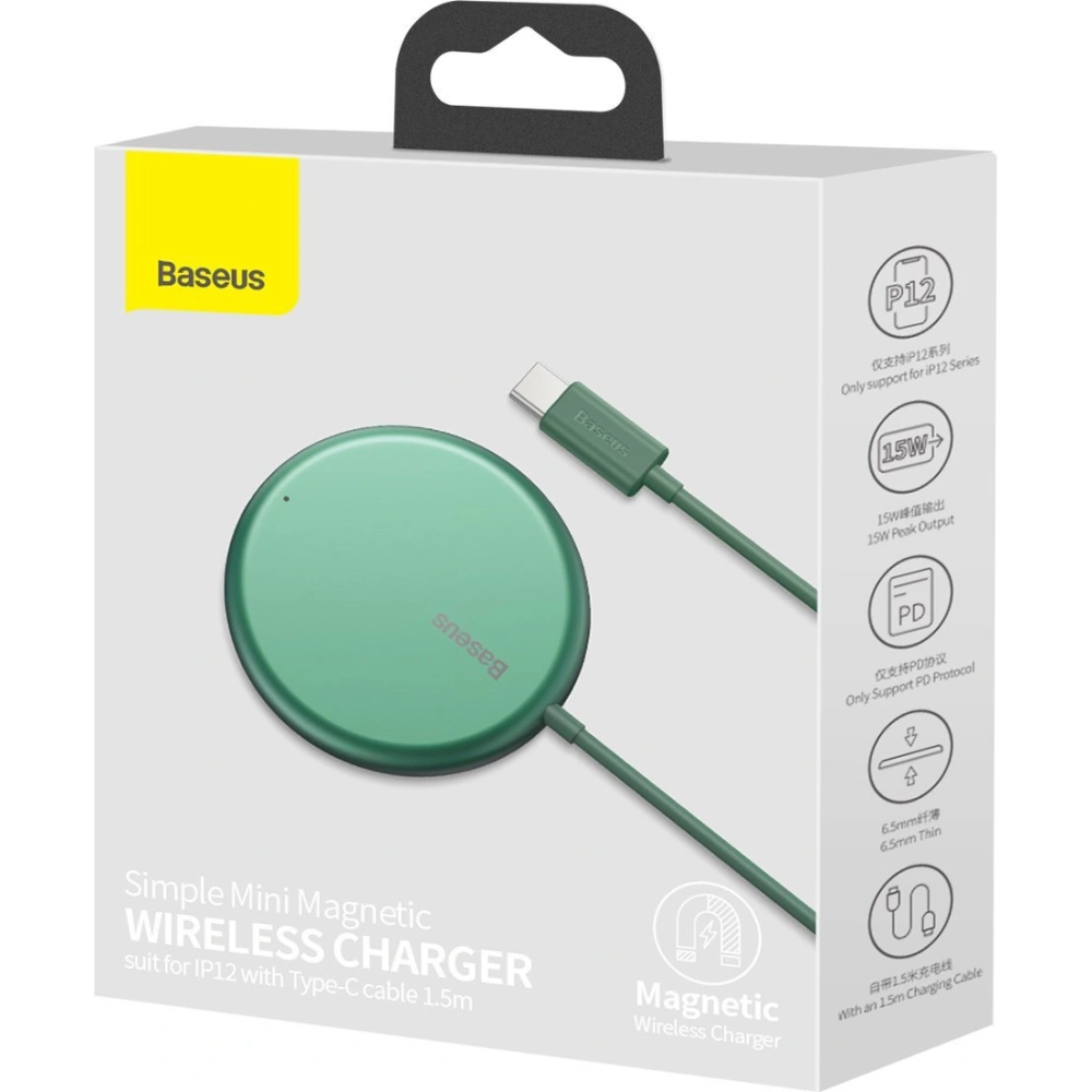 Ładowarka indukcyjna z magnesem Baseus Simple Mini, MagSafe, 15W (zielona)