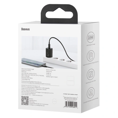 Buy Baseus Super Si Quick Charger 1C 25W with USB-C cable for USB-C 1m (black) - BSU2771BLK - {ean13} - Home Screen Store Europe