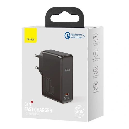 Buy Baseus GaN2 Fast Charger 1C 100W with USB-C cable for USB-C 5A, 1,5m (black) - BSU2778BLK - {ean13} - Home Screen Store Europe