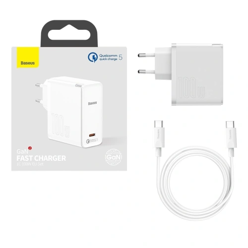 Kup Încărcător de rețea Baseus GaN2, USB-C, 100W, QC 5.0 (alb) + cablu USB-C la USB-C, 5A, 1,5m (alb) - BSU2779WHT - {ean13} - Sklep Home Screen