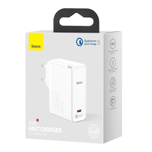 Kup Încărcător de rețea Baseus GaN2, USB-C, 100W, QC 5.0 (alb) + cablu USB-C la USB-C, 5A, 1,5m (alb) - BSU2779WHT - {ean13} - Sklep Home Screen
