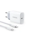 Síťová nabíječka UGREEN CD137, 20W, PD 3.0, USB-C (bílá) + kabel IP do USB-C (bílý)