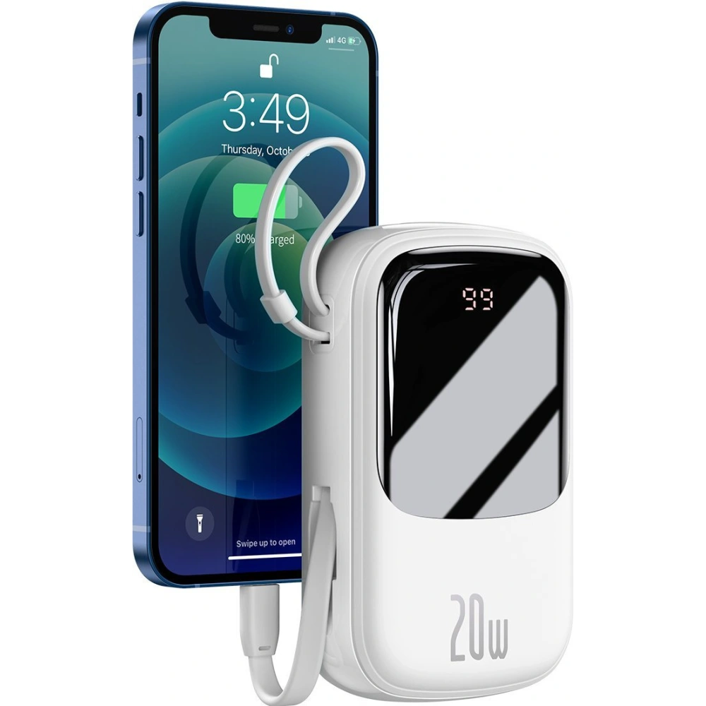 Powerbank Baseus Qpow 20000mAh, IP, USB, USB-C, 20W z kablem Lightning (biały)