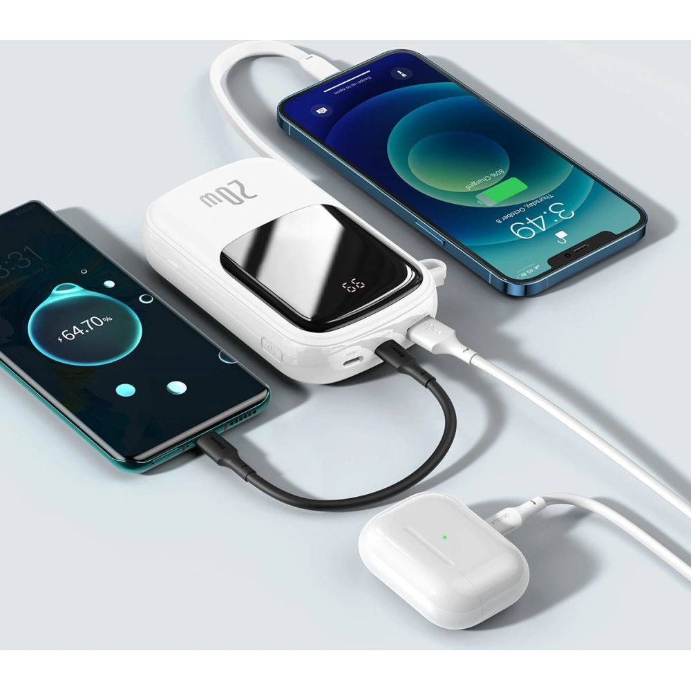 Powerbank Baseus Qpow 20000mAh, IP, USB, USB-C, 20W z kablem Lightning (biały)