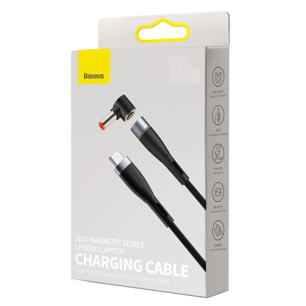 Kabel magnetyczny Baseus Zinc Magnetic, USB-C do wtyk DC 5,5x2,5mm, 100W, PD, 2m, kątowy (czarny)