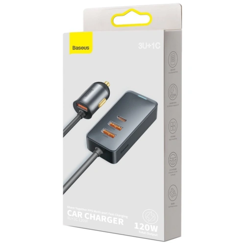 Kup Ładowarka samochodowa Baseus Share Together z przedłużaczem, 3x USB, USB-C, 120W (szara) - BSU2803GRY - {ean13} - Sklep Home Screen