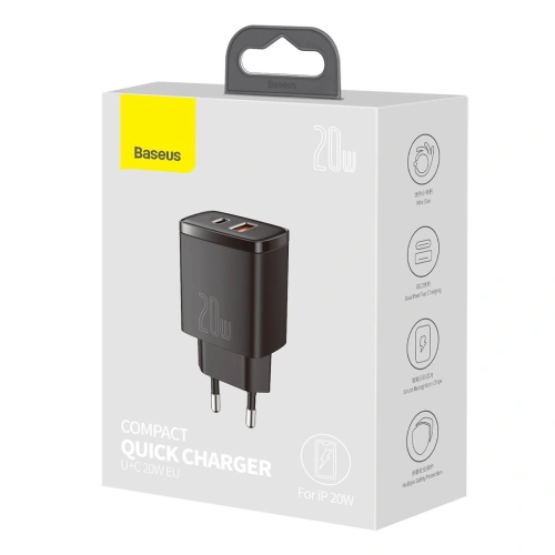 Kup Încărcătorul de rețea Baseus Compact Quick Charger, USB, USB-C, 20W (negru) - BSU2804BLK - {ean13} - Sklep Home Screen